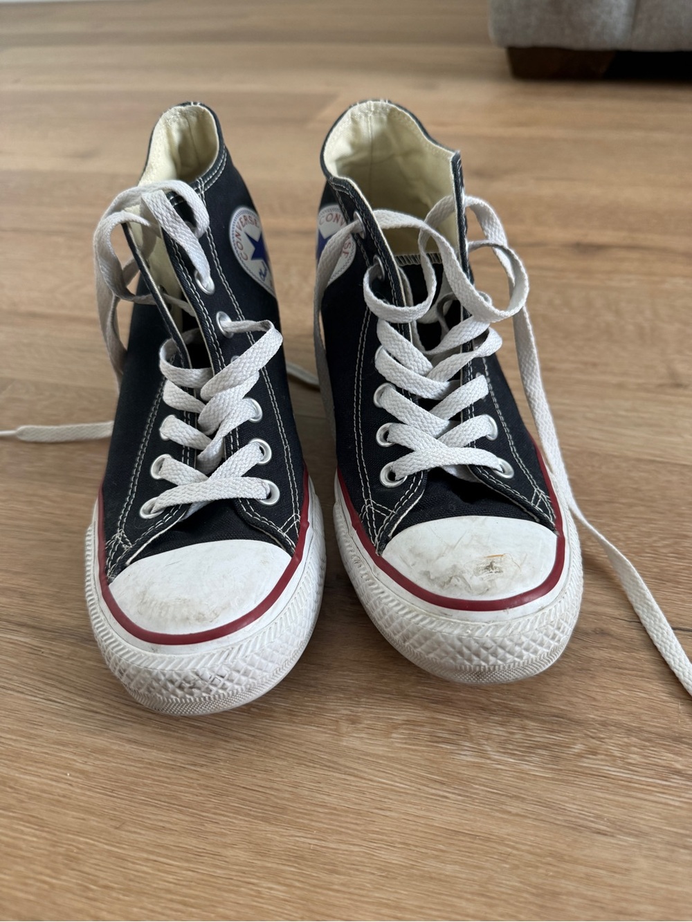 Converse Black Canvas High-Top Heeled Sneakers with White Laces and Red Trim